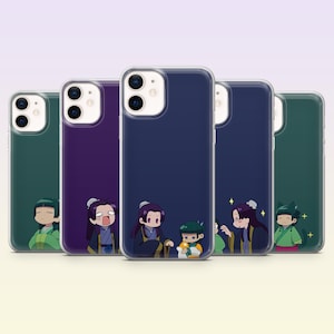 May include: A collection of five phone cases with colorful anime-style illustrations. The cases feature a variety of designs, including characters in traditional clothing. The cases are in shades of green, purple, and navy blue.