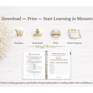 Puede incluir: Una carpeta blanca con un rastreador de progreso de lectura, con una lista de verificaci&oacute;n y el texto "Reading Progress Tracker". La imagen incluye iconos para comprar, descargar, imprimir y rastrear el progreso. El texto dice "Download - Print - Start Learning in Minutes."