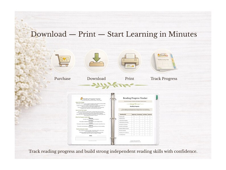 Puede incluir: Una carpeta blanca con un rastreador de progreso de lectura, con una lista de verificaci&oacute;n y el texto "Reading Progress Tracker". La imagen incluye iconos para comprar, descargar, imprimir y rastrear el progreso. El texto dice "Download - Print - Start Learning in Minutes."