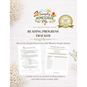 Puede incluir: Un rastreador de progreso de lectura imprimible con el logotipo de Simply Homeschool Me. El dise&ntilde;o incluye una insignia que dice "PDF imprimible Descargar 2 p&aacute;ginas". El rastreador est&aacute; dise&ntilde;ado para monitorear el progreso.
