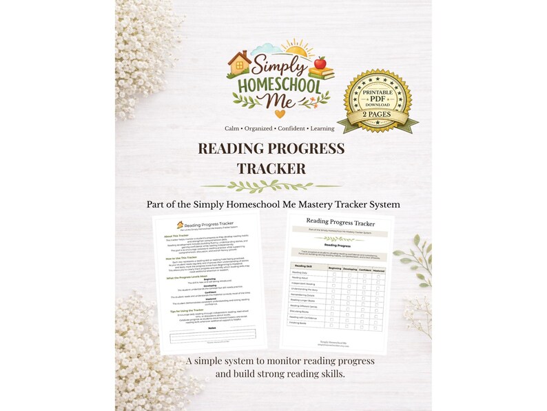 Puede incluir: Un rastreador de progreso de lectura imprimible con el logotipo de Simply Homeschool Me. El dise&ntilde;o incluye una insignia que dice "PDF imprimible Descargar 2 p&aacute;ginas". El rastreador est&aacute; dise&ntilde;ado para monitorear el progreso.