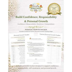 Pode incluir: Um documento PDF imprimível intitulado "Personal Growth Tracker" com o texto "Build Confidence, Responsibility & Personal Growth". O documento inclui páginas de rastreamento de crescimento pessoal guiadas e personalizadas. O design apresenta uma borda floral e um logotipo.