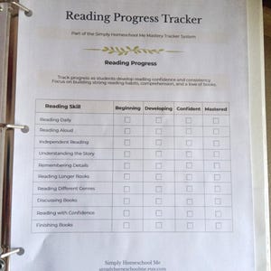 Puede incluir: Una hoja de papel blanca titulada "Reading Progress Tracker" en una carpeta. El rastreador incluye secciones para habilidades de lectura como "Lectura diaria" y "Lectura en voz alta", con casillas de verificaci&oacute;n para los niveles de progreso.