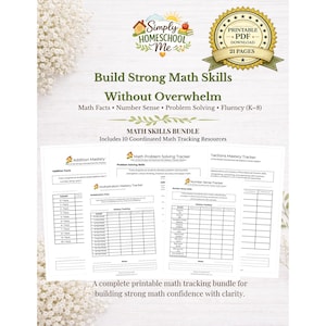 May include: A printable PDF math skills bundle with 21 pages. The bundle includes resources for math facts, number sense, problem-solving, and fluency for grades K-8. The text reads "Build Strong Math Skills Without Overwhelm."