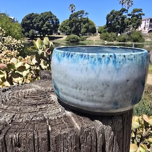 Hand Thrown Black Clay Planter with a White/Blue combo Glaze – Ceramic Pot for Succulents