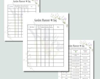 May include: Three white Garden Planner Log sheets with floral accents. The sheets feature a grid layout for tracking plant names, planting dates, and notes. The text "Garden Planner Log" is at the top of each sheet.
