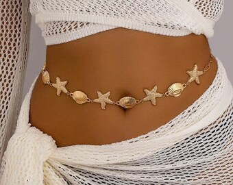 Cadena corporal con forma de estrella de mar y concha, joyería para la cintura, oro, estilo boho, cadena de bikini, encanto oceánico, atuendo veraniego para la playa, regalo estético para vacaciones.