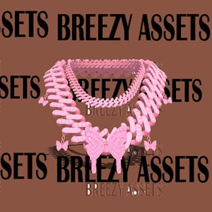 Może przedstawiać: Różowy zestaw naszyjników z wisiorkiem w kształcie motyla i zawieszkami w kształcie motyla. Naszyjnik ma wzór przypominający łańcuch. Tło zawiera tekst "SETS BREEZY ASSETS".