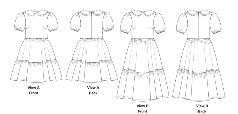 K&ouml;nnte beinhalten: Linienzeichnung eines Kleides mit Peter-Pan-Kragen und Puff&auml;rmeln. Das Kleid hat einen Stufenrock und wird in vier Ansichten gezeigt: Vorder- und R&uuml;ckseite einer k&uuml;rzeren Version sowie Vorder- und R&uuml;ckseite einer l&auml;ngeren Version. Der Text "View A Front", "View A Back", "View B Front" und "View B Back" ist unter jeder Ansicht enthalten.