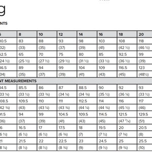 K&ouml;nnte beinhalten: Gr&ouml;&szlig;entabelle f&uuml;r Kleidung mit Ma&szlig;en in Zoll und Zentimetern. Die Tabelle enth&auml;lt Brust-, Taillen-, H&uuml;ft-, L&auml;ngen- und &Auml;rmelma&szlig;e f&uuml;r die Gr&ouml;&szlig;en 6 bis 24.