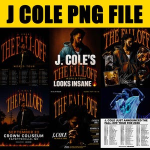 May include: A digital collection of J. Cole The Fall-Off tour graphics featuring concert posters, tour dates, and promotional imagery. The designs include bold orange typography, photographs of the artist, and event details in a dark aesthetic.