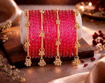 Conjunto de brazaletes de cristal Ghungroo de Cachemira para mujeres y niñas / Última joyería tradicional para fiestas y bodas, color rojo brillante.