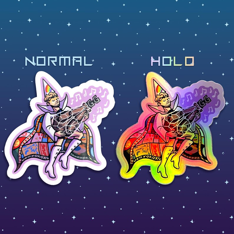 May include: Two stickers featuring a character in a wizard hat, cape, and boots playing a lute-like instrument. The left sticker is labeled NORMAL and the right is labeled HOLO, showing a rainbow holographic finish. Musical notes float nearby.