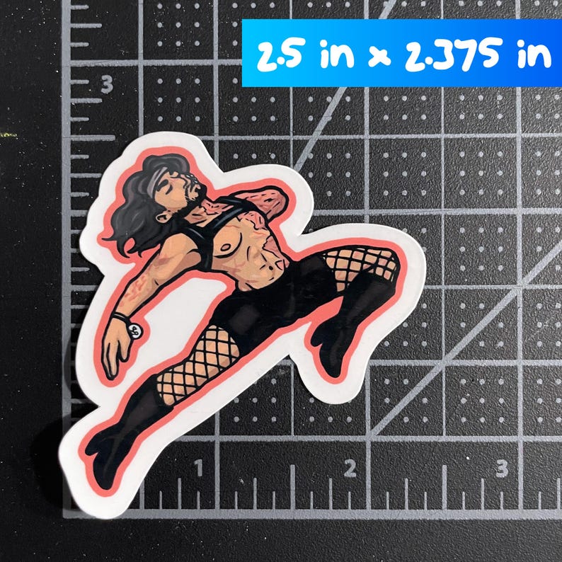 May include: A die-cut sticker featuring a stylized illustration of a person with long dark hair, wearing a black harness, black shorts, fishnet stockings, and black boots, measuring 2.5 inches by 2.375 inches as indicated by the grid background.
