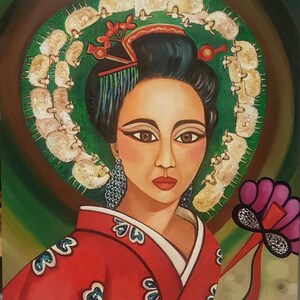 May include: A portrait of a woman in a red kimono with floral patterns, adorned with a green halo featuring sheep. She has dark hair, brown eyes, and dangling earrings. A pink and black flower is held in her hand. The painting is signed in the bottom right corner.