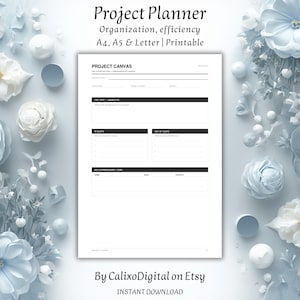 Könnte beinhalten: Ein weißer Projektplaner mit schwarzem Text und Abschnitten für Projektdetails. Der Planer ist von hellblauen und weißen Blumendekorationen umgeben. Der Text auf dem Planer lautet "Project Planner, Organization, efficiency, A4, A5 & Letter | Printable."