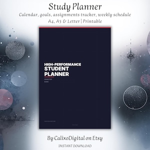 Peut inclure: Un planificateur d'étude numérique avec une couverture bleu foncé, avec le texte "HIGH-PERFORMANCE STUDENT PLANNER". Le planificateur comprend des sections pour les calendriers, les objectifs, les devoirs et les horaires hebdomadaires. Le fond a un design sur le thème de l'espace.
