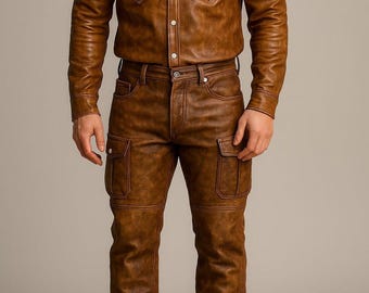 Handmade Men Brown Genuine Leather Shirt and Cargo Pants Set - Western Style Two Piece Outfit - Rugged Real Leather Slim Fit Cargo Trousers