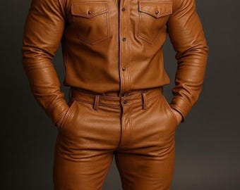 Handmade Men's Brown Lambskin Leather Shirt & Pants Set: Biker Streetwear Genuine Leather Sheepskin  Suit.
