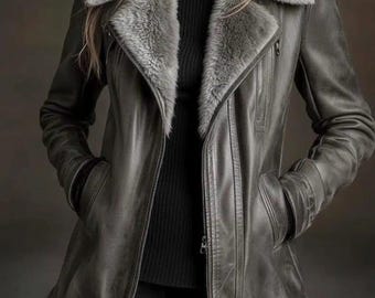 Cappotto in vera pelle di montone da donna - Giacca invernale in pelle foderata in pelliccia - Giacca lunga da motociclista con collo in pelliccia - Caldo trench da aviatore.