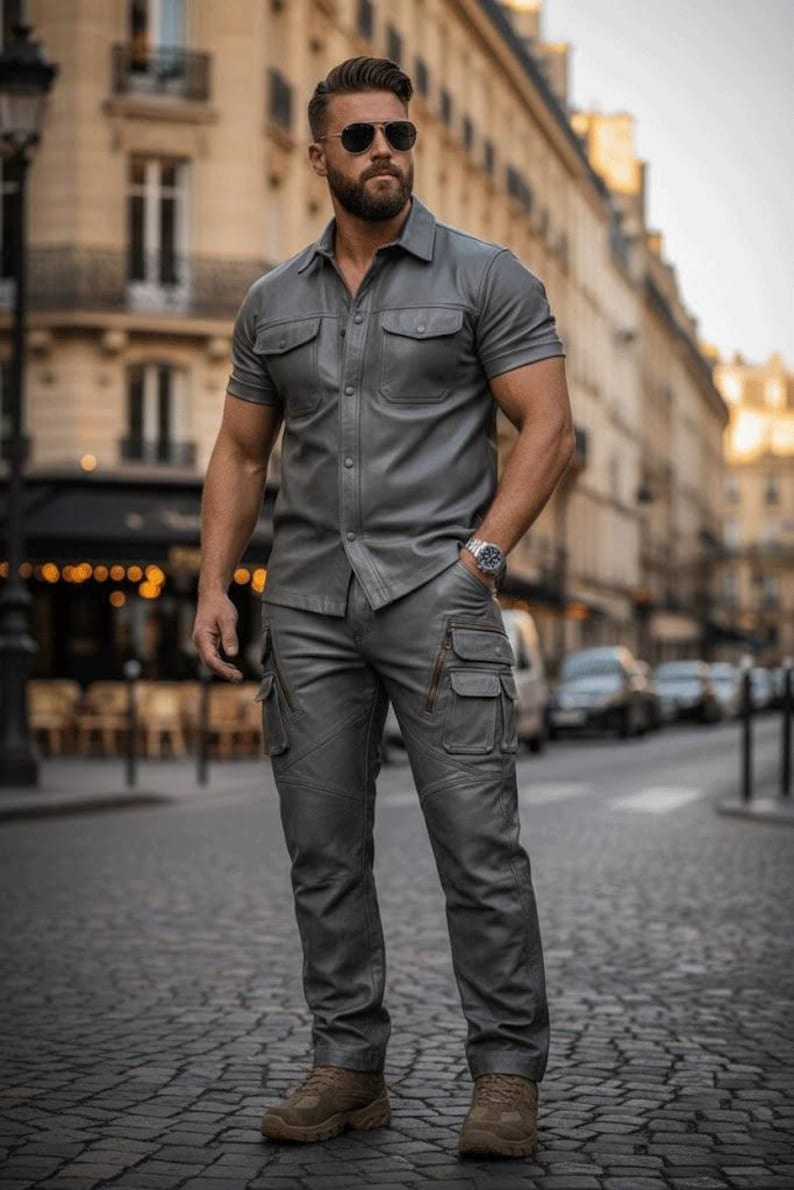 May include: A gray, short-sleeved button-up shirt and matching cargo pants. The shirt has two chest pockets. The pants have multiple pockets and zippers. The outfit is paired with brown boots. The person is wearing sunglasses and a watch.