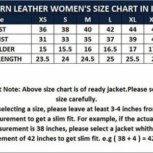 May include: A size chart for western leather jackets, displaying measurements in inches. The chart includes bust, waist, shoulder, and sleeve length measurements for sizes XS to XXXL. Important note: select size carefully.
