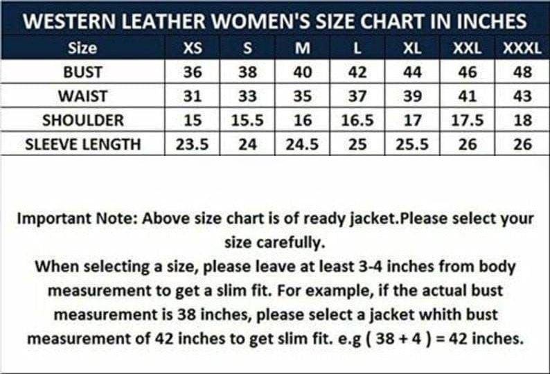 May include: A size chart for western leather jackets, displaying measurements in inches. The chart includes bust, waist, shoulder, and sleeve length measurements for sizes XS to XXXL. Important note: select size carefully.
