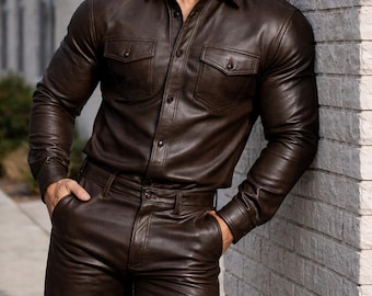 Mens brown genuine leather shirt and pants set handmade leather outfit two piece leather suit regular fit western style free shipping,