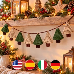 May include: A festive garland featuring alternating crocheted Christmas tree ornaments in dark green and beige yarn. Each tree has a small brown trunk and is suspended from a thick, twisted brown cord, creating a repeating pattern.