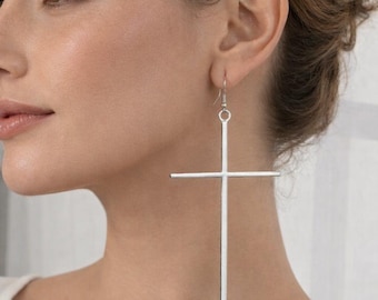 Pendientes colgantes de cruz extra largos, estilo vintage