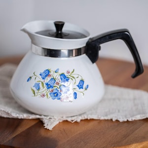 Vintage Corning Ware Teapot Blue Floral Pattern | Retro Enamel Coffee Pot | Cottagecore Kitchen Decor | Mid Century Tea Kettle