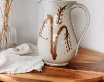 Handmade Signed Studio Pottery Pitcher (45 oz) | Rustic Stoneware Jug Vase | Artisan Ceramic | Cottagecore | Vintage Ceramic