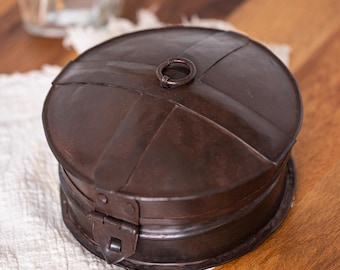 Vintage Metal Storage Box Round Industrial Tin Container with Lid Rustic Farmhouse Decor Organizer Antique Patina Keepsake Box