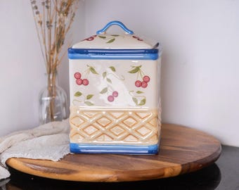 Vintage Ceramic Cookie Jar with Lid, Handpainted Cherry Canister, Farmhouse Kitchen Decor, Cottage Style Storage for Baker, Gift for Mom