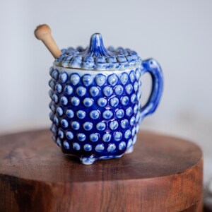 Vintage Cobalt Blue Hobnail Condiment Pot with Lid & Spoon | Retro Jam Jar | Cottagecore Kitchen Decor | Blue Mustard Pot
