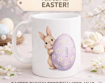 Personalisierte Osterhasentasse mit Namen, individuelle Kinderkaffeetasse, niedliches Blumenei-Design, Osterkorb Geschenk
