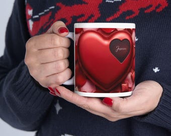 Personalisierte Valentinstag Herz Tasse | Rote Rose Keramik Becher