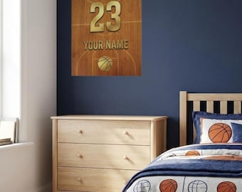 Personalisiertes Basketball-Poster mit individuellem Namen und Nummer, Wandkunst für Jungen, Basketball-Geschenk für ihn, Platzdekor, Golddruck