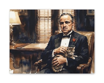 Mafia Don mit Katze Leinwand, Filmischer Mob Boss Aquarell Leinwand Druck, Klassische Mafia Wandkunst, Gangster Poster für Büro Dekor,