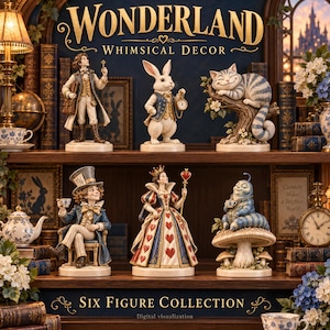 May include: A collection of six Wonderland-themed figurines displayed on wooden shelves. The set includes a person with a key, a white rabbit with a pocket watch, a striped cat on a branch, a hatter with a teacup, a queen with a heart scepter, and a blue caterpillar on a mushroom. The text reads Wonderland Whimsical Decor and Six Figure Collection.