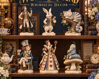 May include: A collection of six Wonderland-themed figurines displayed on wooden shelves. The set includes a person with a key, a white rabbit with a pocket watch, a striped cat on a branch, a hatter with a teacup, a queen with a heart scepter, and a blue caterpillar on a mushroom. The text reads Wonderland Whimsical Decor and Six Figure Collection.