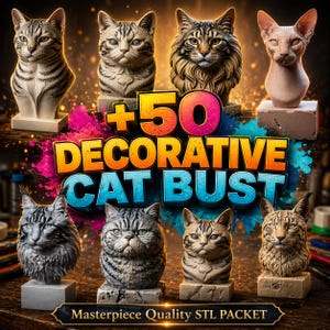Op de afbeelding: Een verzameling decoratieve kattenbustes in verschillende stijlen en kleuren, waaronder een Sphynx-kat. De afbeelding bevat de tekst "+50 DECORATIVE CAT BUST" en "Masterpiece Quality STL PACKET".