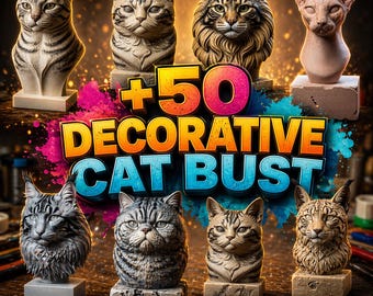 装飾用猫胸像STLファイル50点パック｜3Dプリント用モデル（即時ダウンロード）