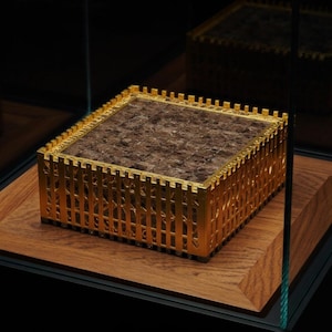 K&ouml;nnte beinhalten: Eine goldfarbene, rechteckige Box mit braunem Innenraum, ausgestellt auf einem Holzsockel. Die Box hat ein dekoratives zaun&auml;hnliches Design an den Seiten und ist in einer Glasvitrine eingeschlossen.