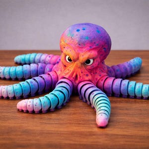 May include: A colorful, stylized octopus figurine with a vibrant gradient of pink, purple, blue, and orange hues. The octopus has segmented tentacles and an expressive face, set against a wooden surface.
