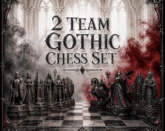 May include: A 2 Team Gothic Chess Set featuring highly detailed, dark-toned chess pieces arranged on a checkered board. The text 2 TEAM GOTHIC CHESS SET is centered above the pieces, set against a backdrop of stone arches with red and black smoke.