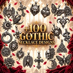May include: A collection of silver-toned metal necklace pendants featuring various designs including skulls, crosses, animals, and celestial symbols, arranged around the central gold text that reads +100 GOTHIC NECKLACE DESIGNS.