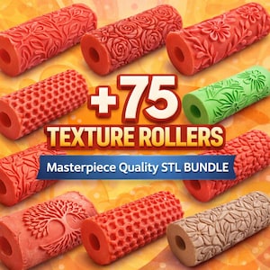 Può includere: Una collezione di rulli per texture in vari colori e motivi, tra cui disegni floreali, a nido d'ape e a foglie. L'immagine include il testo "+75 TEXTURE ROLLERS" e "Masterpiece Quality STL BUNDLE". Questi rulli sono progettati per creare superfici strutturate.