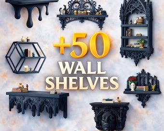 50+ Wall Shelves STL Bundle | Gothic Floating Shelf 3D Printer Files | Geometric Display Bracket | Dark Home Decor 3D Print Pack