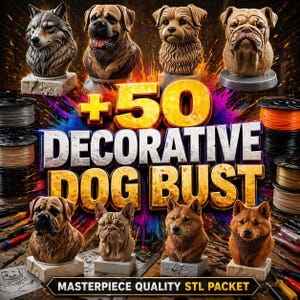 May include: A collection of decorative dog busts in various breeds, including a wolf, bulldog, and Shiba Inu. The image features the text "+50 DECORATIVE DOG BUST" and "MASTERPIECE QUALITY STL PACKET". The busts are in shades of brown and tan.